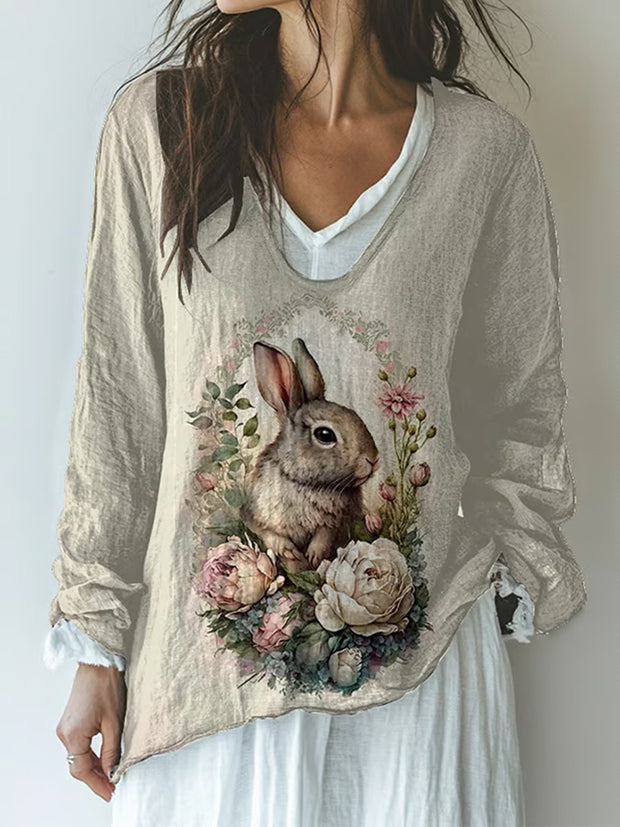 Women's Easter Bunny Floral Print Casual Top