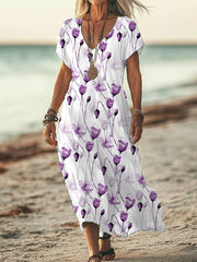 Women's Purple Floral Print Alzheimer's Awareness Support V-Neck Dress