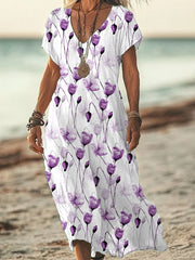 Women's Purple Floral Print Alzheimer's Awareness Support V-Neck Dress