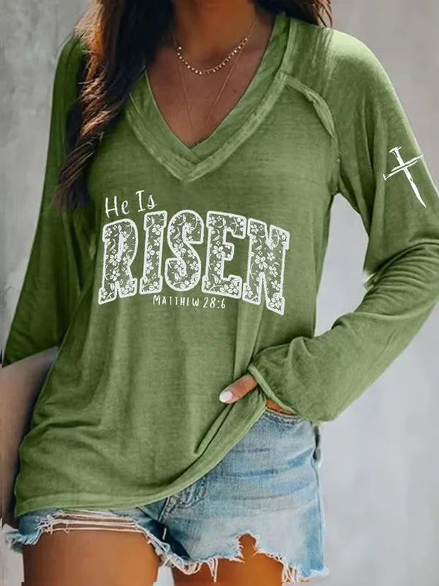 Women's Easter He Is Risen Print V-Neck Long Sleeve T-Shirt