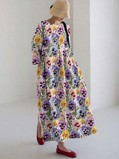 Women's Purple Pansy Print Alzheimer's Awareness Support Long Sleeve Dress