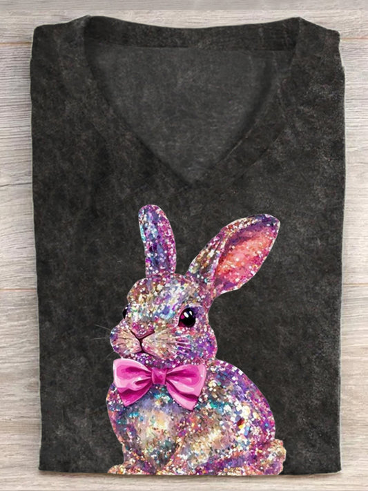 Women's Easter Glitter Bunny Print V-Neck Short Sleeve T-Shirt