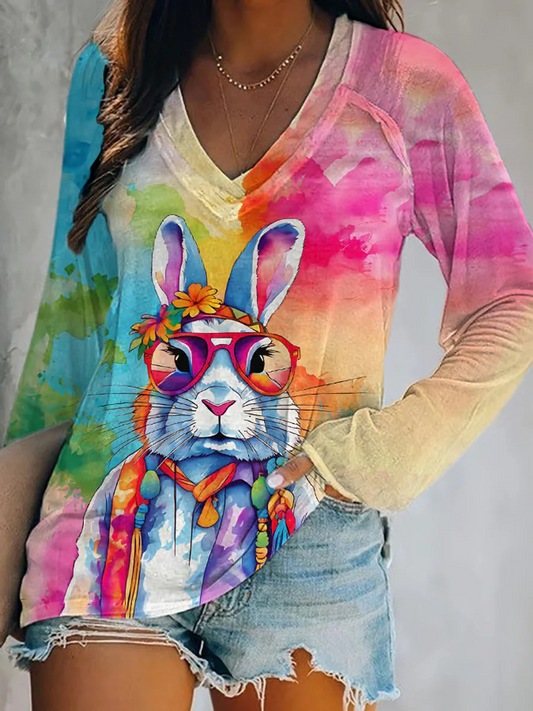 Women's Easter Colorful Bunny Print V-Neck Loose Casual Long Sleeve T-Shirt