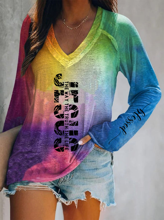 Women's Jesus The Way The Truth The Life Tie-Dye Print V-Neck Long Sleeve T-Shirt