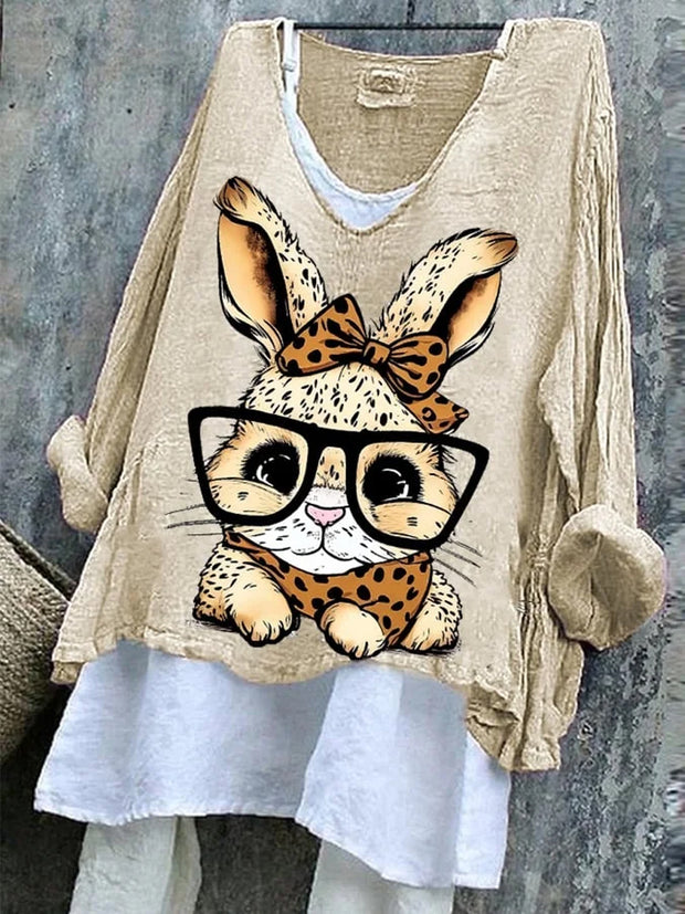 Women's Easter Bunny Printed Cotton Linen Printed V-Neck Long Sleeve Shirt