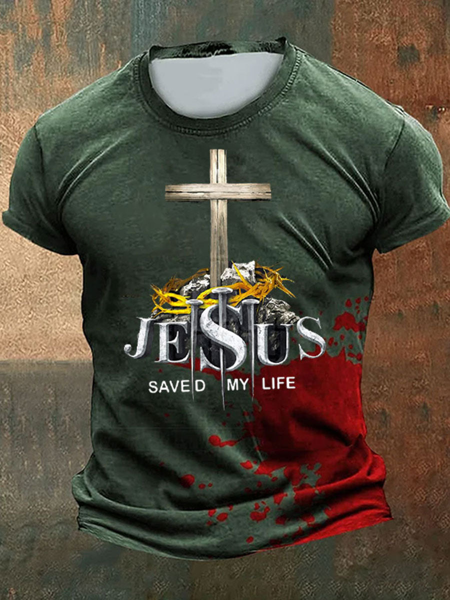 Men's Faith Jesus Saved My Life Printed Short Sleeve T-Shirt