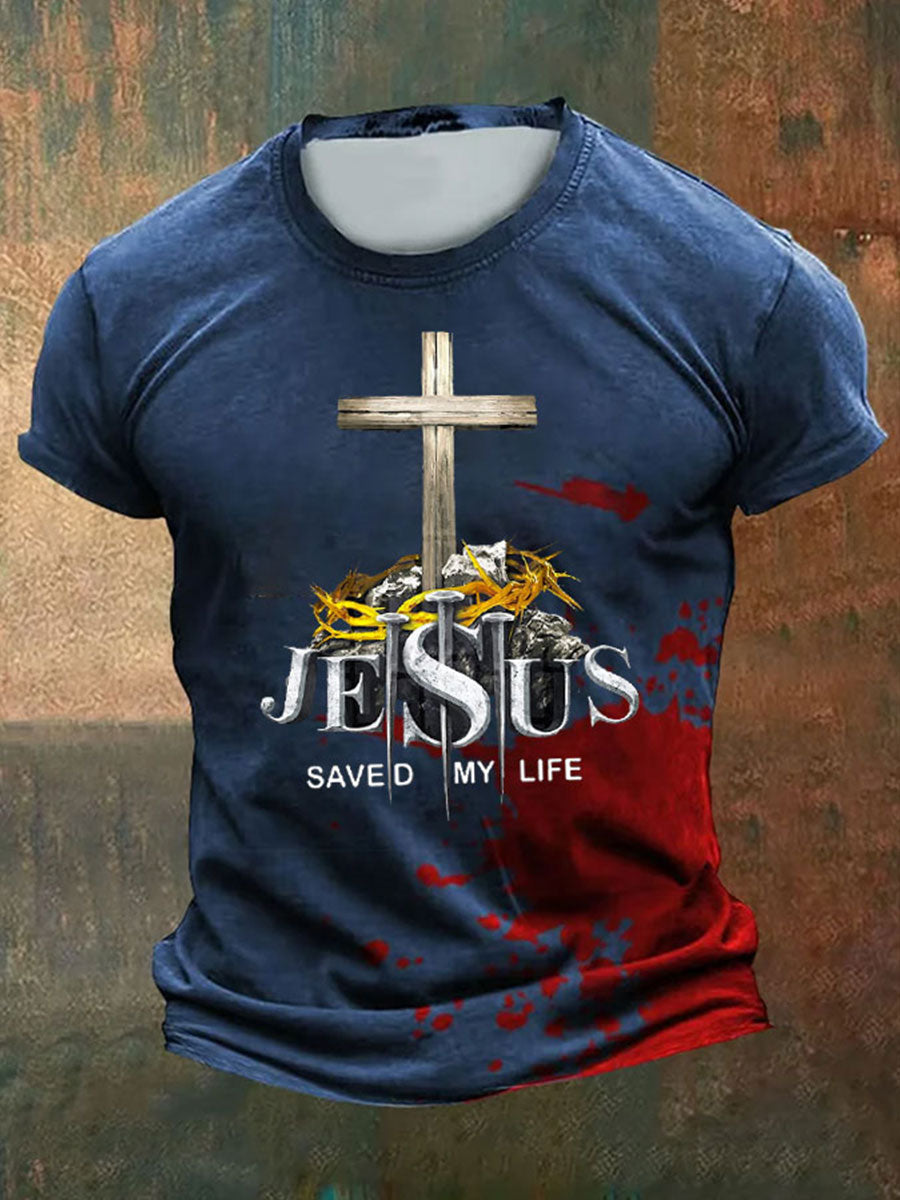 Men's Faith Jesus Saved My Life Printed Short Sleeve T-Shirt