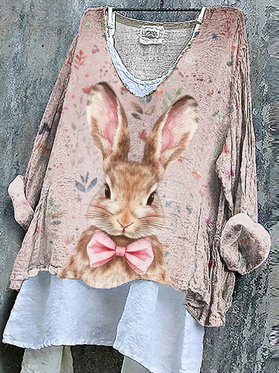 Women's Easter Floral Bunny Linen Top