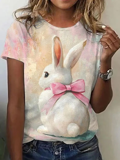 Women's Cute Easter Bunny With Pink Bow Printed Casual T-Shirt