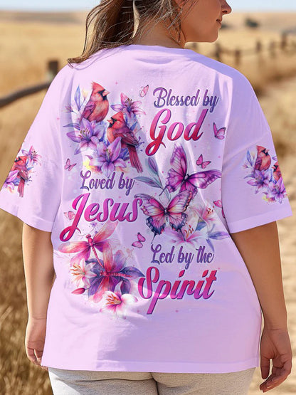 Women's Blessed By God Loved By Jesus Printed V-Neck T-Shirt