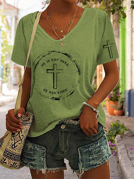 Women's Easter Faith He Is Not Here He Has Risen Printed V-neck T-shirt