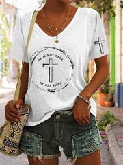 Women's Easter Faith He Is Not Here He Has Risen Printed V-neck T-shirt