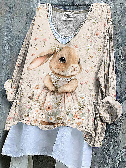 Women's Easter Floral Bunny Linen Top