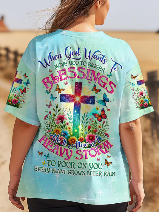 Women's When God Wants To Move You To Bigger Blessings Print V-Neck T-Shirt