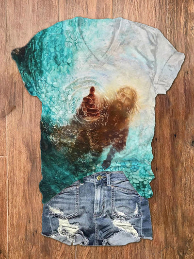 Women's Easter Jesus Print V-Neck T-Shirt