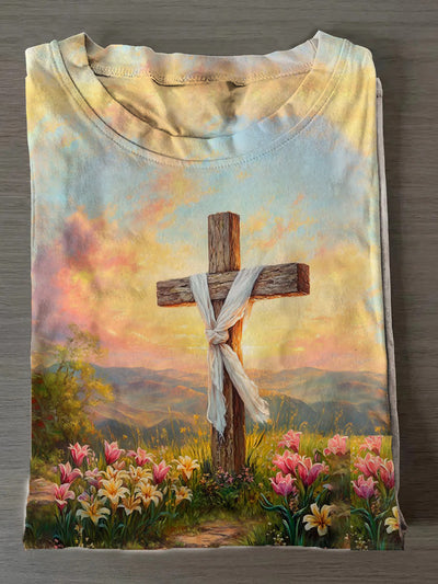 Women's Easter Jesus Cross Printed Crew Neck T-Shirt