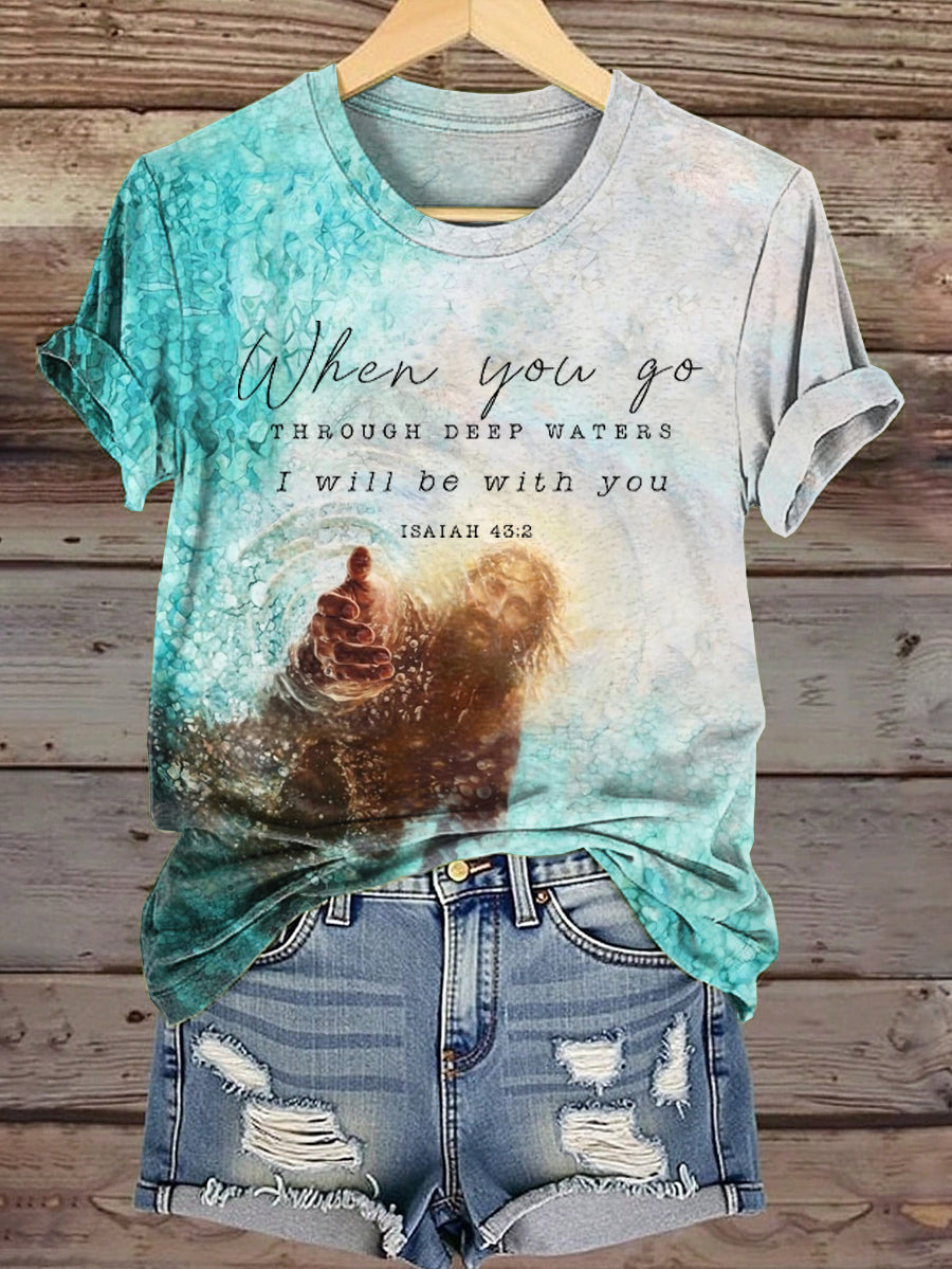 Women's Jesus When You Go Through Deep Water Casual Short Sleeve Shirt