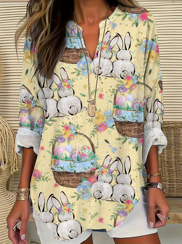 Women's Easter Cute Bunny Eggs Print V-Neck Cotton Linen Long Sleeve T-Shirt