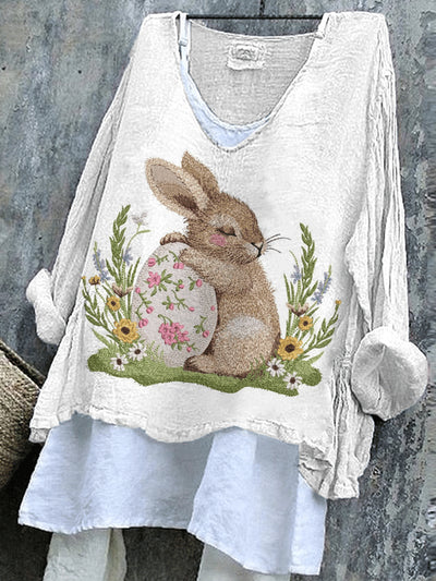 Women's Cute Rabbit Pattern Printed V-Neck Cotton Linen Comfortable Long Sleeve Shirt