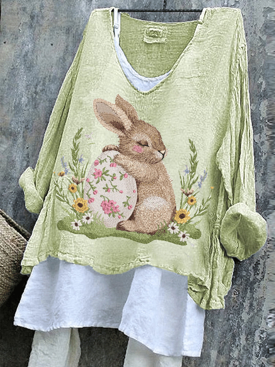 Women's Cute Rabbit Pattern Printed V-Neck Cotton Linen Comfortable Long Sleeve Shirt