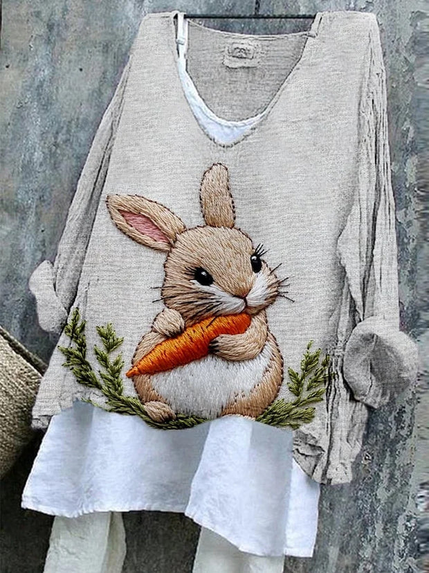 Women's Cute Rabbit Pattern Printed V-Neck Cotton Linen Comfortable Long Sleeve Shirt