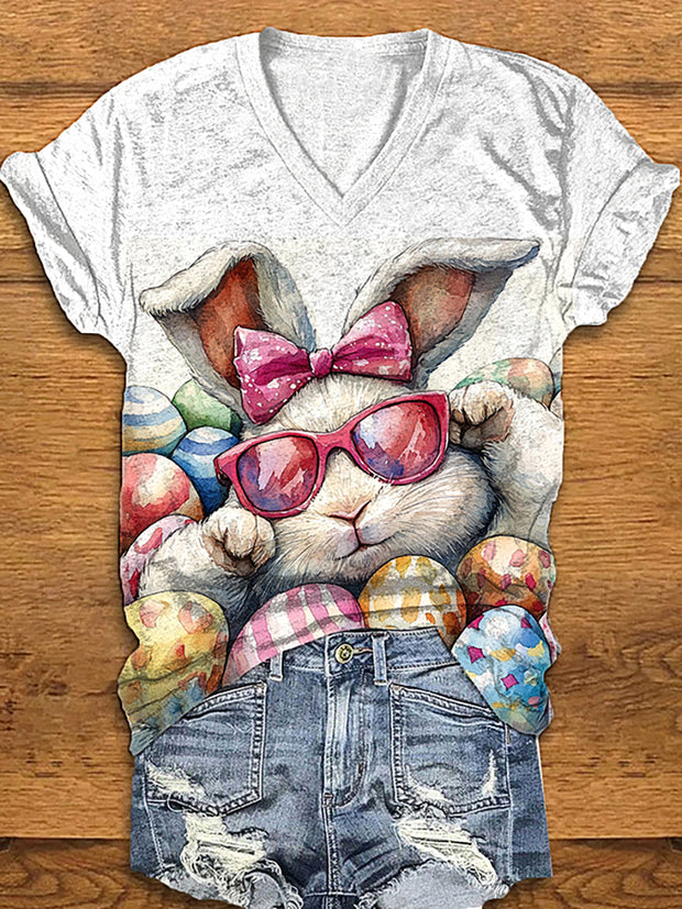 Women's Easter Bunny Colorful Eggs Printed V-Neck T-Shirt