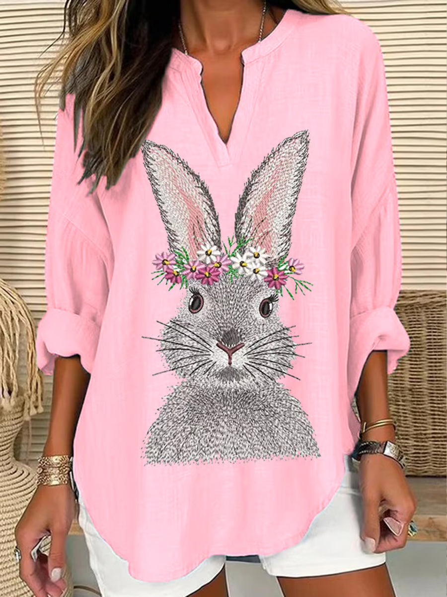 Women's Easter Cute Bunny Print V-Neck Long Sleeve Cotton Linen Shirt