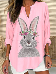 Women's Easter Cute Bunny Print V-Neck Long Sleeve Cotton Linen Shirt