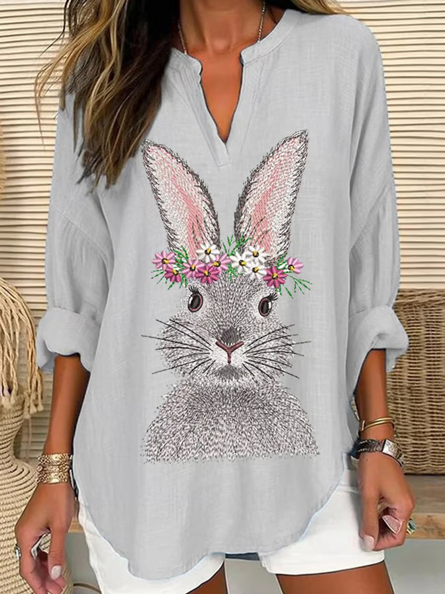 Women's Easter Cute Bunny Print V-Neck Long Sleeve Cotton Linen Shirt