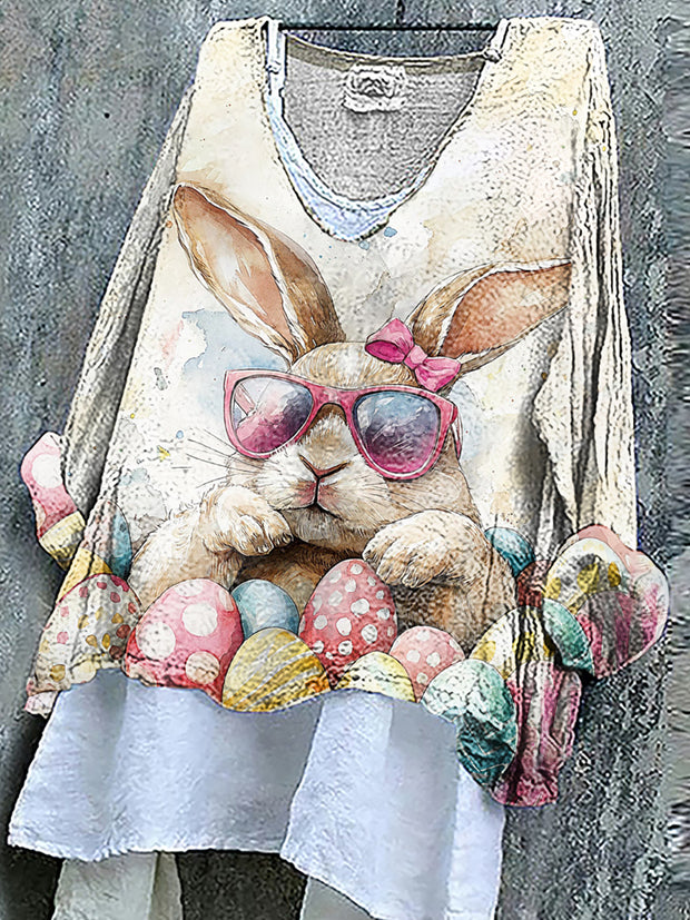 Women's Easter Floral Bunny Linen Top