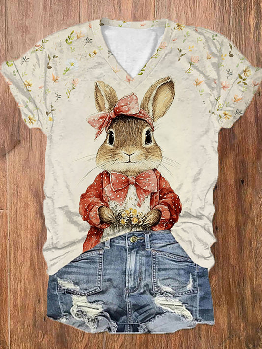 Women's Easter Floral Bunny Printed V-Neck T-Shirt