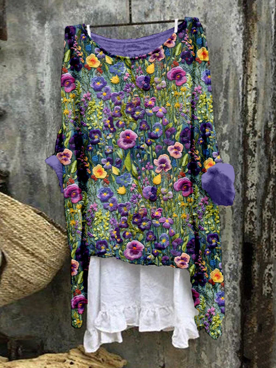 Women's Alzheimer's Awareness Purple Floral  Printed O-Neck Cotton Linen Comfortable Long Sleeve Shirt