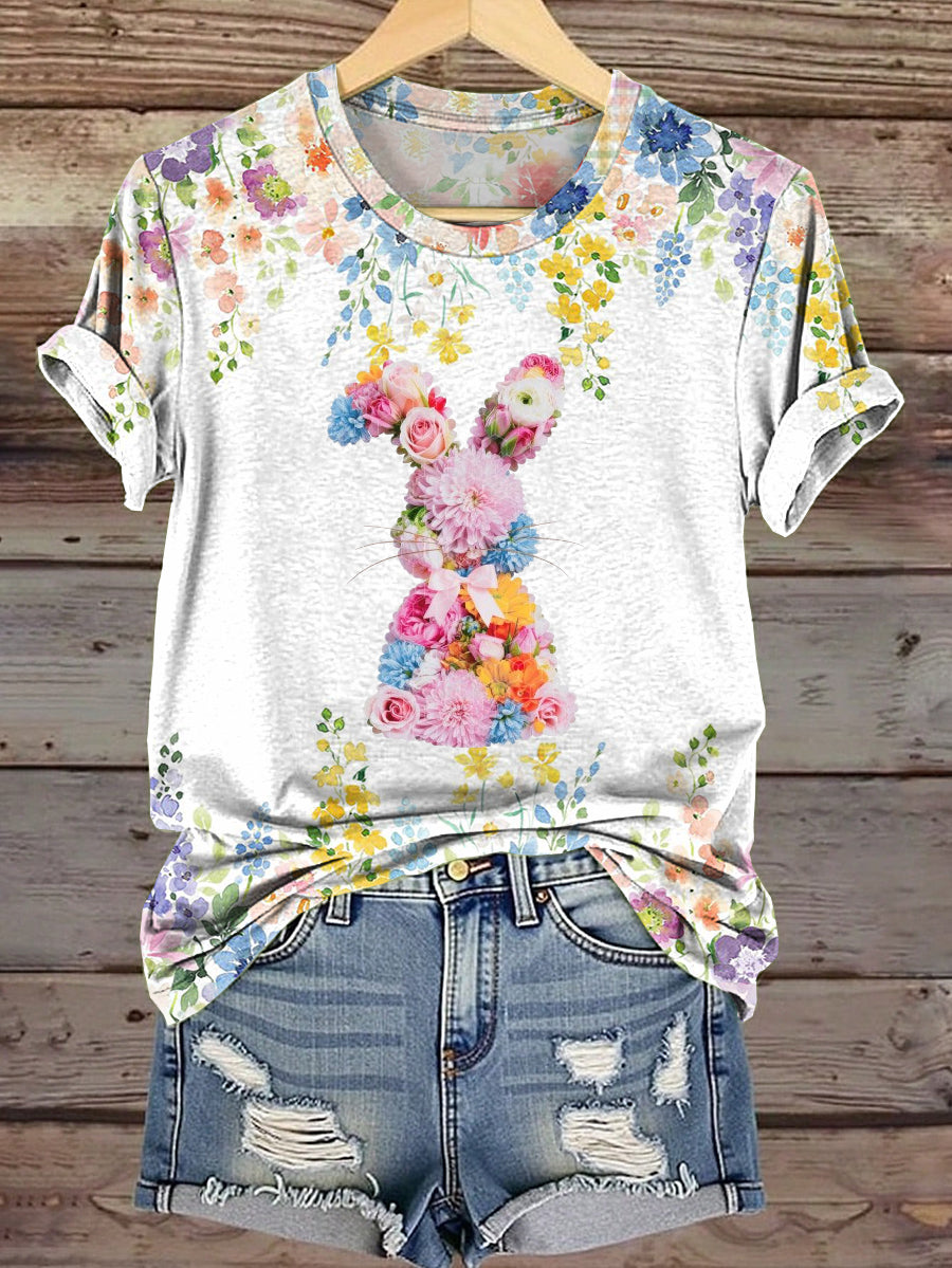 Women's Easter Floral Bunny Printed Casual Short Sleeve Shirt