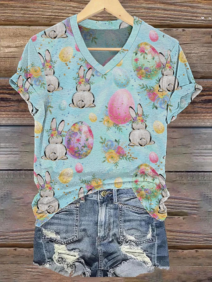 Women's Easter Cute Bunny Print V-Neck Short Sleeve T-Shirt