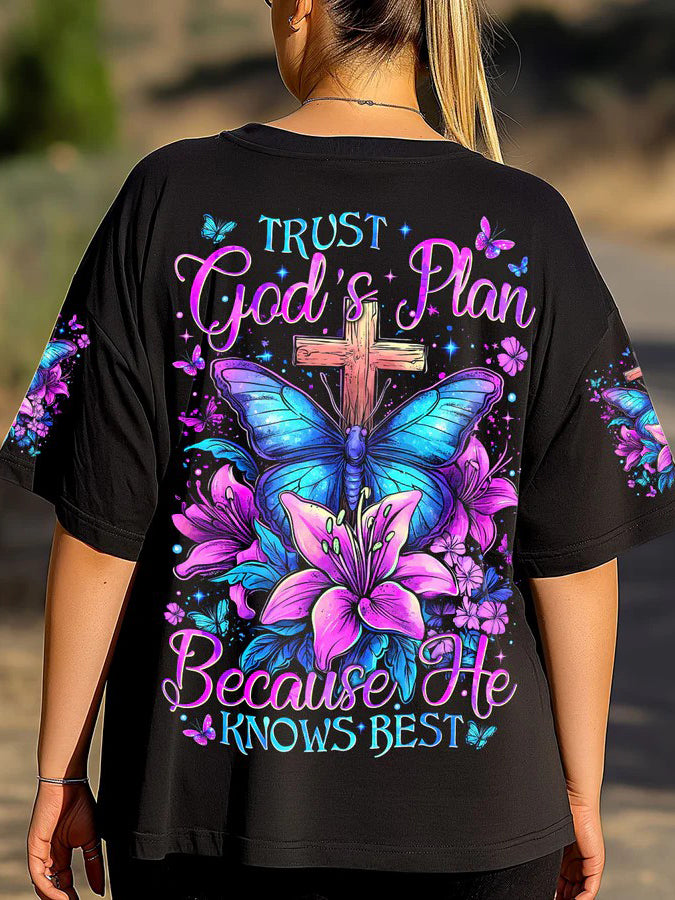 Women's Trust God's Plan Butterfly Print V-Neck T-Shirt