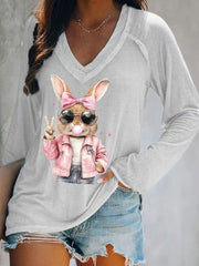 Women's Rabbit Art Print V-Neck T-Shirt