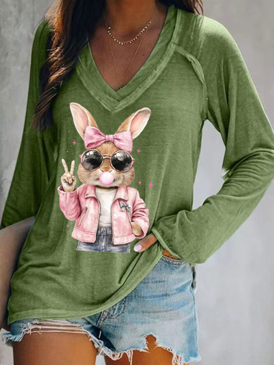 Women's Rabbit Art Print V-Neck T-Shirt