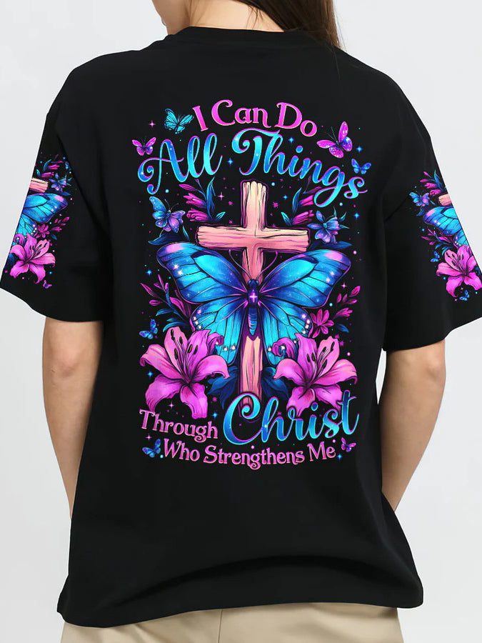 Women's I Can Do All Things Through Christ Who Strengthens Me Printed V-Neck T-Shirt