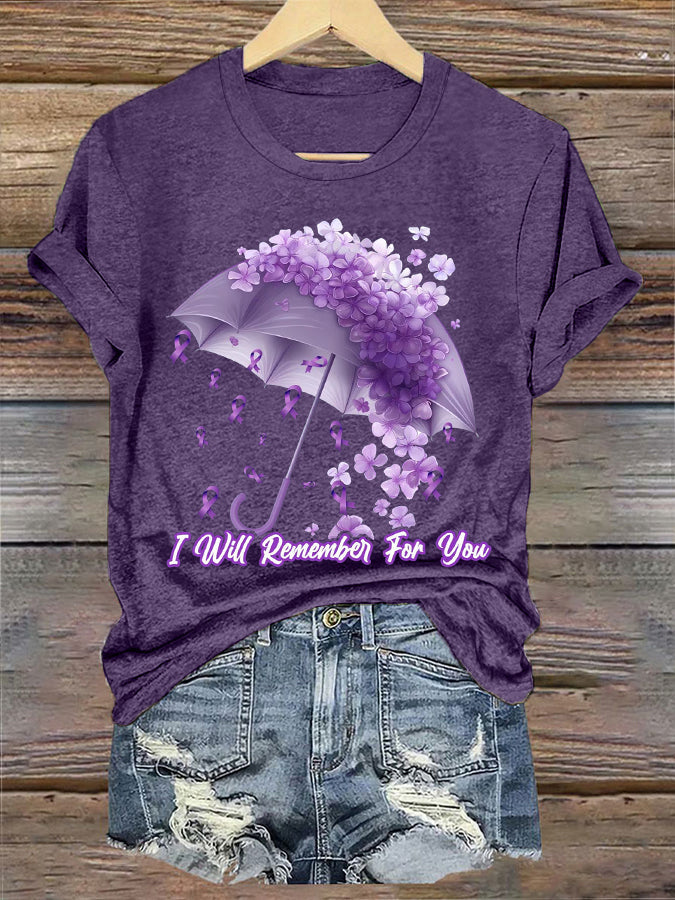 Women's I Will Remember For You Forget-Me-Not Purple Ribbon Alzheimer's Awareness Tee