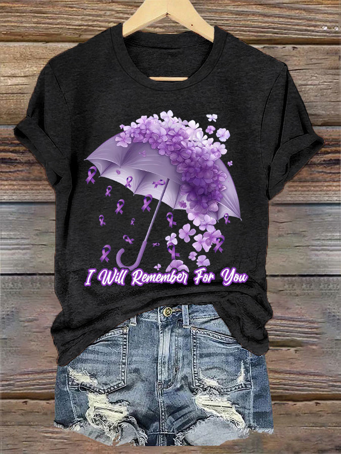 Women's I Will Remember For You Forget-Me-Not Purple Ribbon Alzheimer's Awareness Tee