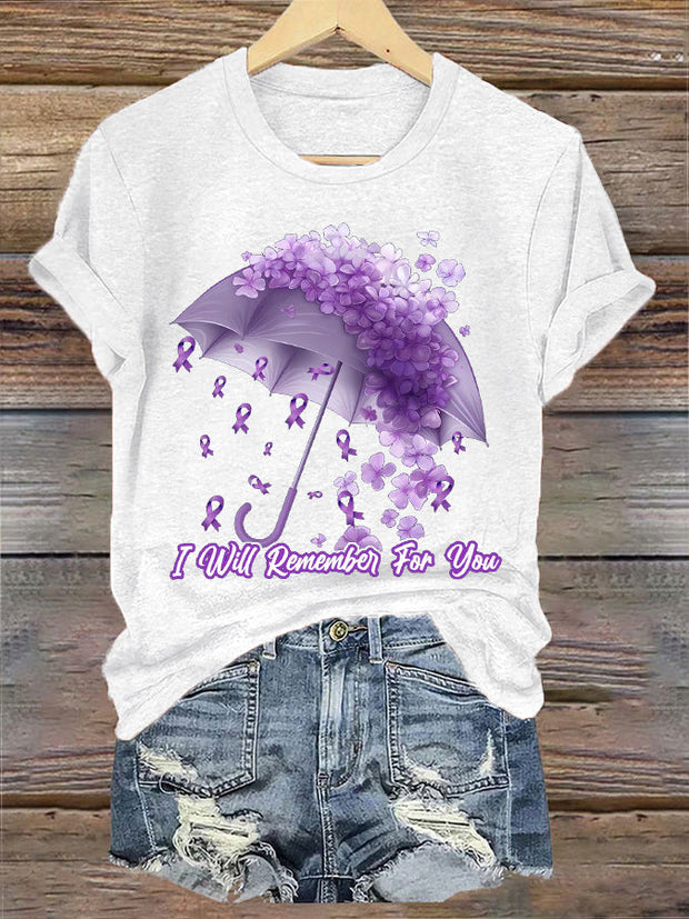 Women's I Will Remember For You Forget-Me-Not Purple Ribbon Alzheimer's Awareness Tee