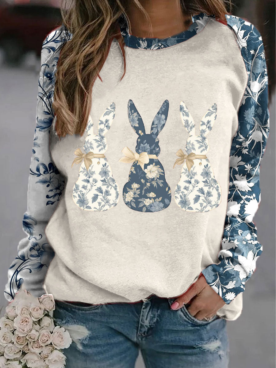 Women's Eatser Floral Bunny Art Printed Sweatshirt