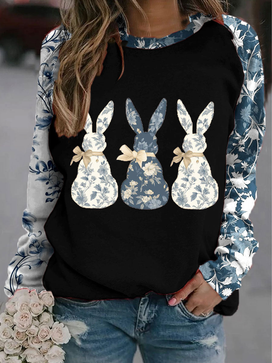 Women's Eatser Floral Bunny Art Printed Sweatshirt