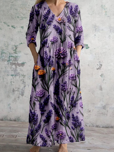 Women's Alzheimer's Awareness Purple Floral  Printed V-Neck Cotton Linen Comfortable Long Sleeve Maxi Dress