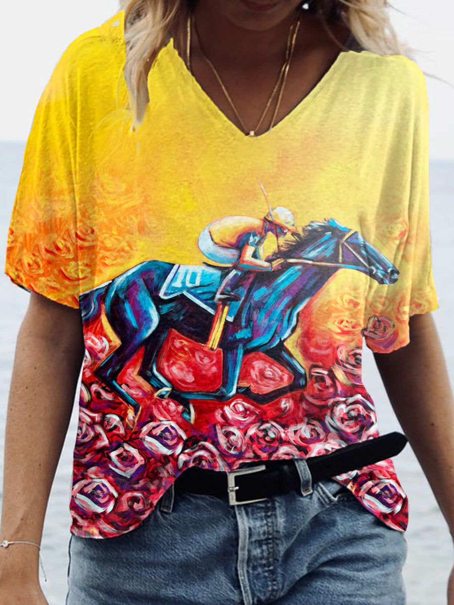 Women's Derby Horse Rose Oil Painting Print T-shirt