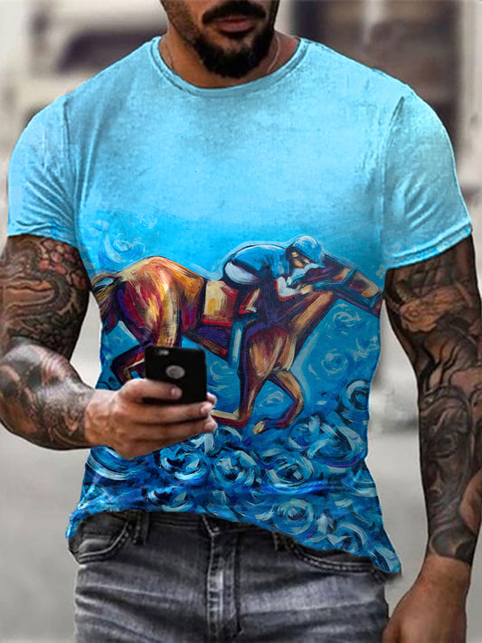 Men's Blue Kentucky Derby Horse Rose Painting Print T-Shirt