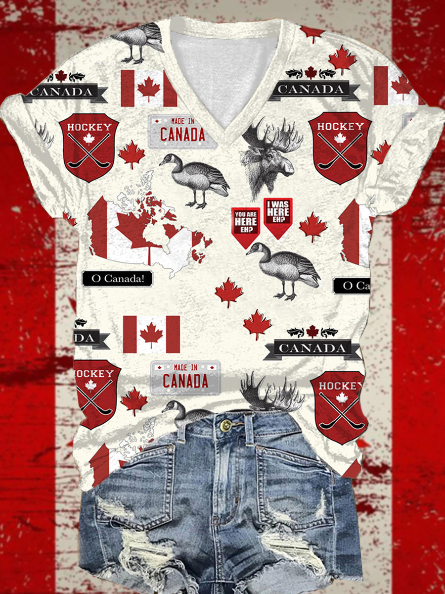 Women's Canada Print V-Neck Short Sleeve T-Shirt