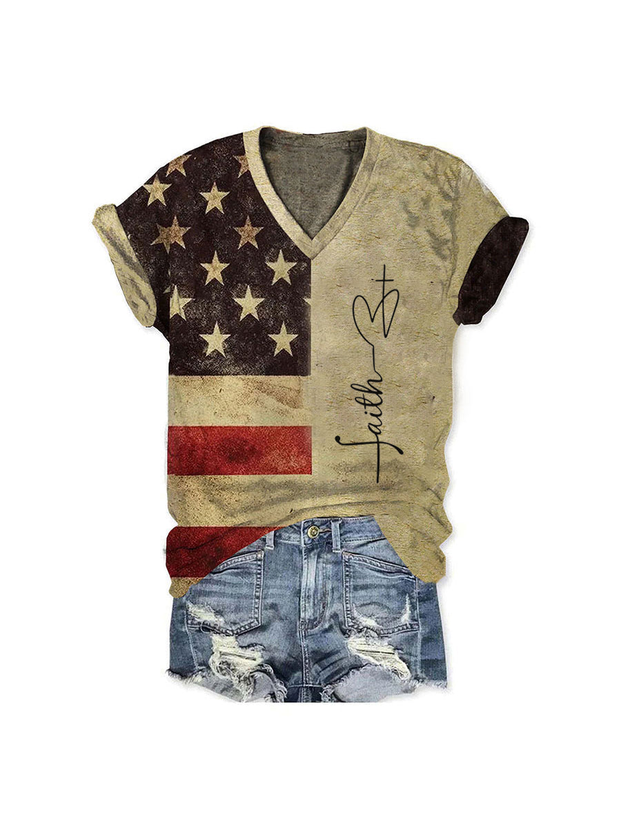 Women's Faith Heart Cross American Flag Print V-Neck T-Shirt