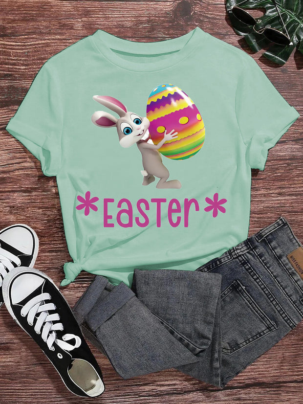 Women's Round Neck Rabbit Egg Print Short Sleeve T-Shirt