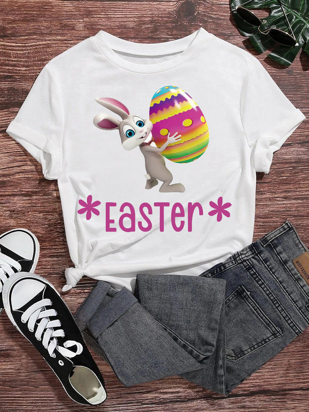 Women's Round Neck Rabbit Egg Print Short Sleeve T-Shirt